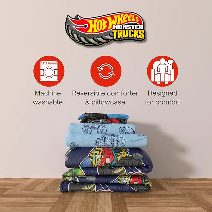 Hot Wheels x Monster Trucks Bedding Set, Twin Size 5 Piece Set Kids Super Soft Cozy Reversible Comforter and Sheet Set with Sham, (100% Officially Licensed Product) by Franco