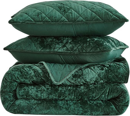 Chezmoi Collection Lux Forest Green Velvet Quilt Oversized King Set, 3-Piece Plush Distressed Velvet Bedding All Season Lightweight Comforter Brushed Microfiber Reverse with Diamond Stitch Quilting