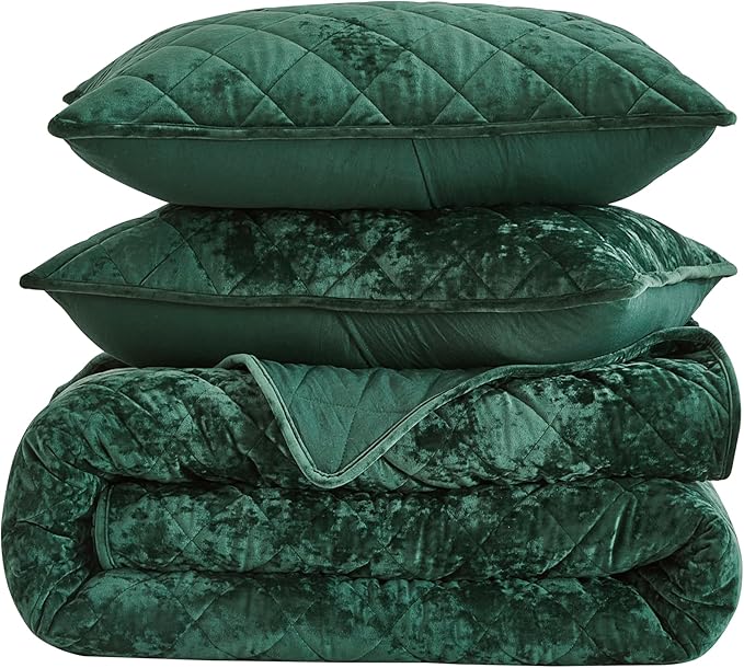 Chezmoi Collection Lux Forest Green Velvet Quilt King Set, 3-Piece Plush Distressed Velvet Bedding All Season Lightweight Comforter Brushed Microfiber Reverse with Diamond Stitch Quilting