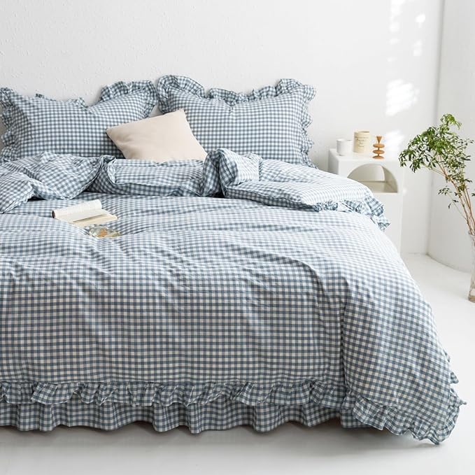 mixinni Blue White Gingham Ruffle Duvet Cover Full Size 3 Pieces – 100% Washed Cotton, Vintage Plaid Ruffled Bedding Set with Zipper Ties, Soft Checkered Grid Farmhouse Chic Comforter Cover Set