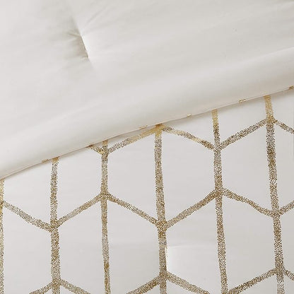 Intelligent Design Raina Full/Queen Comforter Set, Soft Microfiber, Modern Geometric Metallic Bed Set, 5 Pieces College Bedding with 2 Shams, 2 Toss Pillows Ivory/Gold