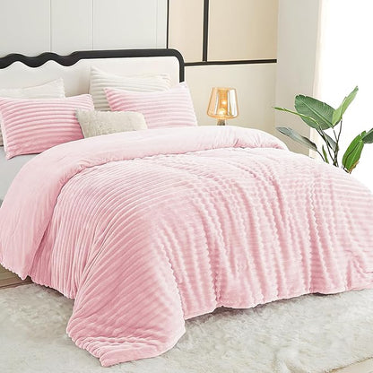 CozyLux Fluffy King Size Comforter Set - Super Soft Faux Fur Pink Comforter King Size, Winter Warm Fleece Bedding Set, 3 Pieces Plush Fuzzy Bed Set (1 Shaggy Comforter, 2 Pillowcases)