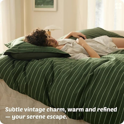 Bedsure Striped Duvet Cover Queen Size, 100% Washed Cotton PureWoven Duvet Cover Linen Like Textured, Classic Striped Pattern Enhances Bedroom Comfort and Style, Stripes Olive Green, 90"x90"