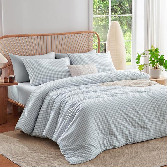 Nayoroom Gingham Comforter Set Queen Size Blue Plaid Checkered Comforter 3 Pieces Soft Lightweight Grid Dorm Bedding Set for All Seasons (1 Comforter, 2 Pillowcases)