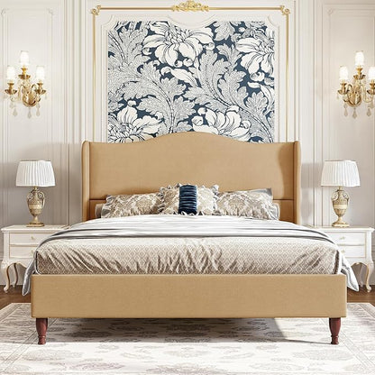 koorlian King Upholstered Bed Frame with 51'' Tall Headboard, Warm Brown | Reinforced Platform Bed, Easy Assembly, Soft Fabric, Sleigh Wingback, Solid Wood Retro Legs, Noise-Free, Classic & Simple