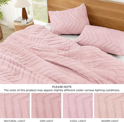 Litanika Pink Queen Size Comforter Sets, 3 Pieces Lightweight Chevron Tufted Bedding Comforter Set, Fluffy Down Alternative Comforter Bed Set Gift Choice (90x90In Comforter and 2 Pillowcases)