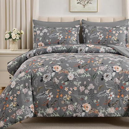 7 Piece King Comforter Set, Dark Grey Butterfly Floral Comforter Set with Flowers Leaves Pattern, Soft Microfiber Complete Bedding Set for All Season(Dark Grey, King)