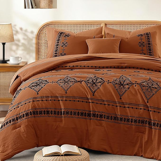 MaiRêve Full Size Comforter Set Burnt Orange, Embroidery Floral Western Boho Bedding Set, All Season 7 Pieces Bed in a Bag with Sheets, Pillowcases & Shams