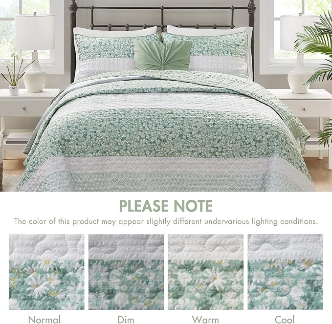 Madison Park Quilt Set, Seersucker Floral Coverlet for King Size Bed, All Season Lightweight Bedding, Farmhouse Quilt Set, Vermicelli Quilting, Throw Pillow, Caralie, King/Cal King Green 4 Piece
