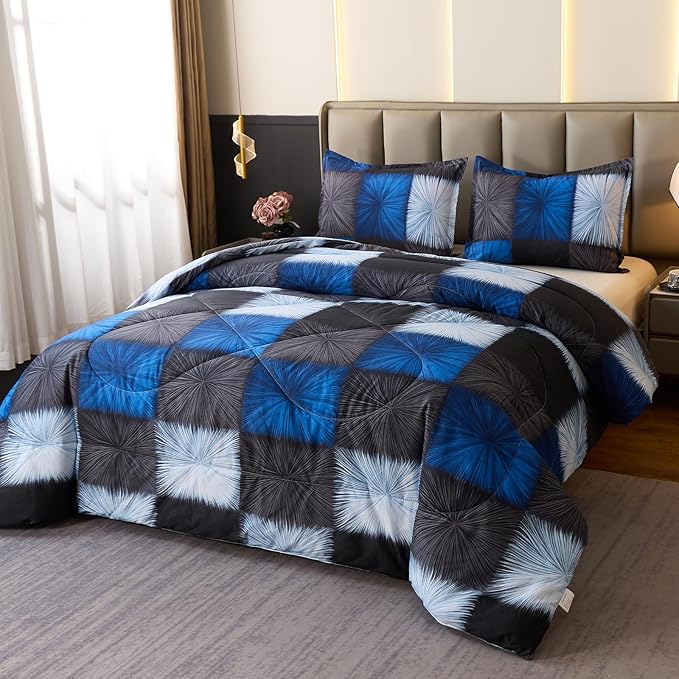 Caressma Plaid Comforter Set Black and Navy Blue, Twin Size Black and White Checkered Comforter Bedding Set, Fluffy Black Grid Home Decor for All Seasons