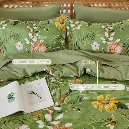 Yiran Sage Green Hibiscus Floral Comforter Set King Size, 7 Piece Bird Flowers Botanical Comforter Bedding Set, Vintage Bed in a Bag, Soft Microfiber Complete Bedding Set with Sheets for All Season