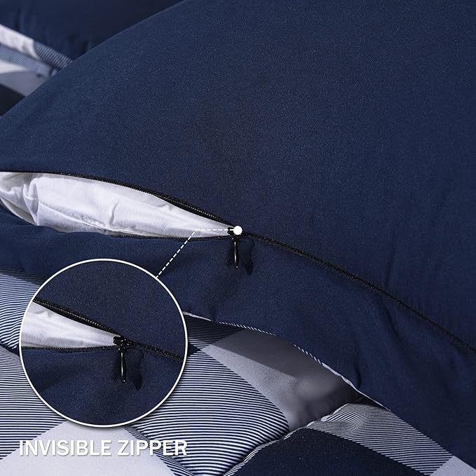 downluxe Lightweight Plaid Comforter Set (Twin) with 1 Pillow Sham - 2-Piece Set - Blue/White Plaid - Down Alternative Reversible Comforter