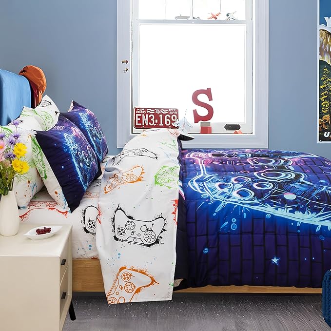 A Nice Night 5Pcs Gaming Comforter Set,Blue Purple 3D Game Contoller Themed Printing Bedding Sets for Kids Teen Boys, Reversible Comforter for All Seasons,Full