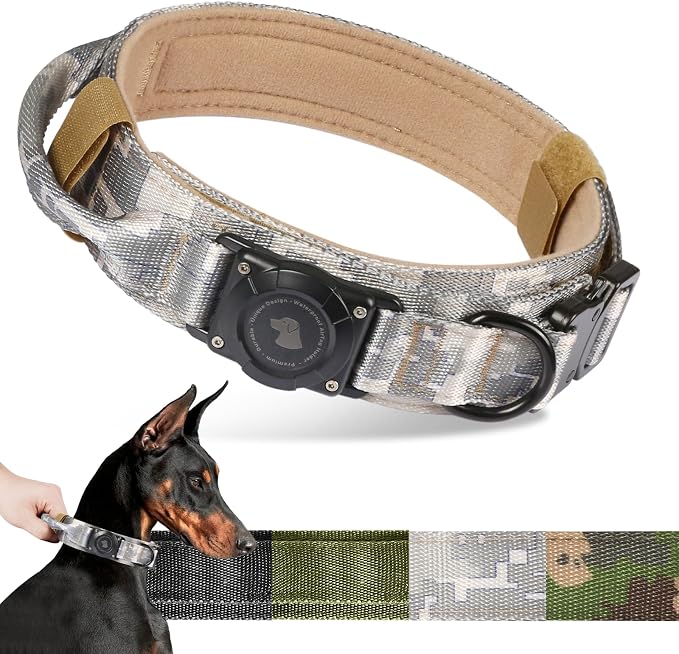 2026 Upgrade Waterproof Tactical AirTag Dog Collar, Built in AirTag Holder | Comfortable Control Handle, Quick Release Metal Buckle, Durable 1000D Nylon, For Medium to Large Dogs, Digital camo, XL