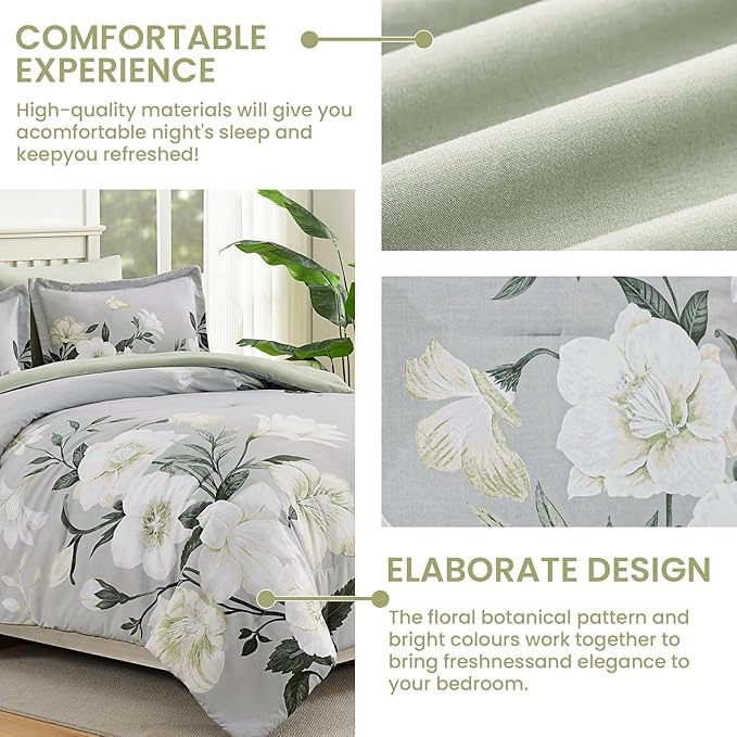 King Size Comforter Set - 7 Pieces Floral Comforter Set, Elegant Sage Green Flower Bed in a Bag King Soft Microfiber Bedding Set for All Seasons (Sage Green,104"x90")