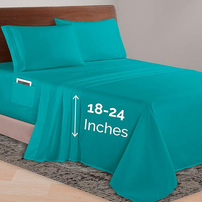 Elegant Comfort Luxurious 1500 Premium Hotel Quality Microfiber 4-Piece Sheet Set, 18-24 Inches Deep - Extra Deep Pocket Sheets - Ultra Soft 4PC Deep Pocket Sheets, Queen, Turquoise