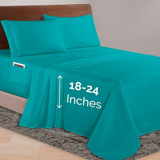 Elegant Comfort Luxurious 1500 Premium Hotel Quality Microfiber 4-Piece Sheet Set, 18-24 Inches Deep - Extra Deep Pocket Sheets - Ultra Soft 4PC Deep Pocket Sheets, Full, Turquoise