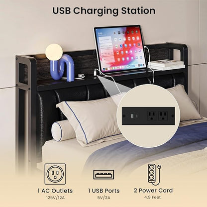 LIKIMIO Twin XL Bed Frames, PU Leather Storage Headboard with Charging Station, Solid and Stable, Noise Free, No Box Spring Needed, Easy Assembly, Black