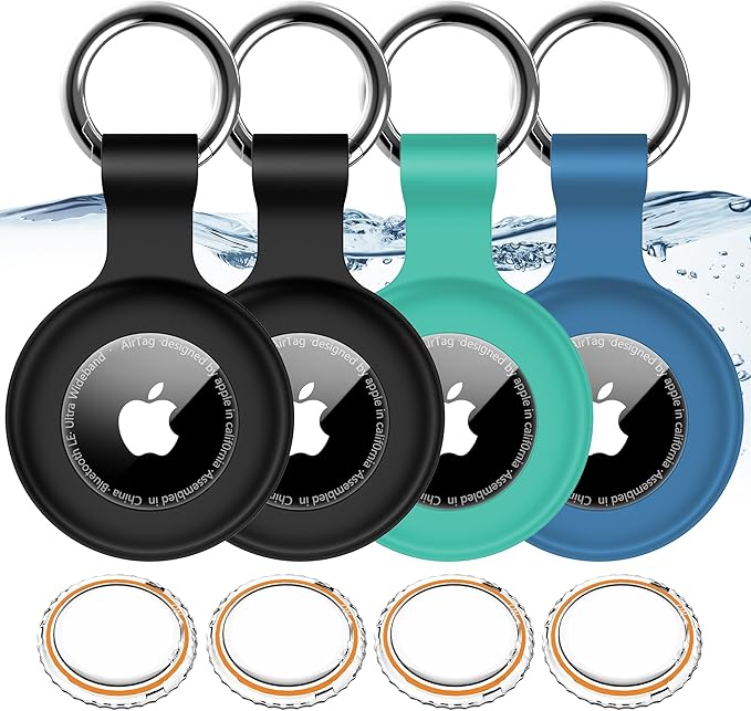 1|2|4Pack for Apple AirTag Holder with Keychain for Air Tag 2nd/1st Gen | Waterproof Air Tag Cover GPS Tracker Anti-Scratch Silicone Air-Tag Case for Pets,Kids,Luggages-Black+Black+Blue+Green