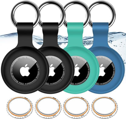 1|2|4Pack for Apple AirTag Holder with Keychain for Air Tag 2nd/1st Gen | Waterproof Air Tag Cover GPS Tracker Anti-Scratch Silicone Air-Tag Case for Pets,Kids,Luggages-Black+Black+Blue+Green