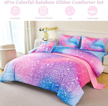 RYNGHIPY 6Pcs Girls Bedding Set Queen Size Colorful Rainbow Comforter Set for Kids Teens Girls Glitter Bedding Set Lightweight Fluffy