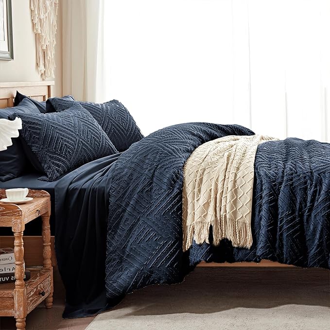 Zzlpp Twin Comforter Set 5 Pieces, Navy Blue Tufted Bed in a Bag with Comforter and Sheets, All Season Boho Bedding Sets with 1 Comforter, 1 Pillow Sham, 1 Pillowcase, 1 Flat Sheet, 1 Fitted Sheet