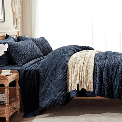Zzlpp Queen Comforter Set 7 Pieces, Navy Blue Tufted Bed in a Bag with Comforter and Sheets,All Season Boho Bedding Sets with Comforter, 2 Pillow Shams, 2 Pillowcases, 1 Flat Sheet, 1 Fitted Sheet