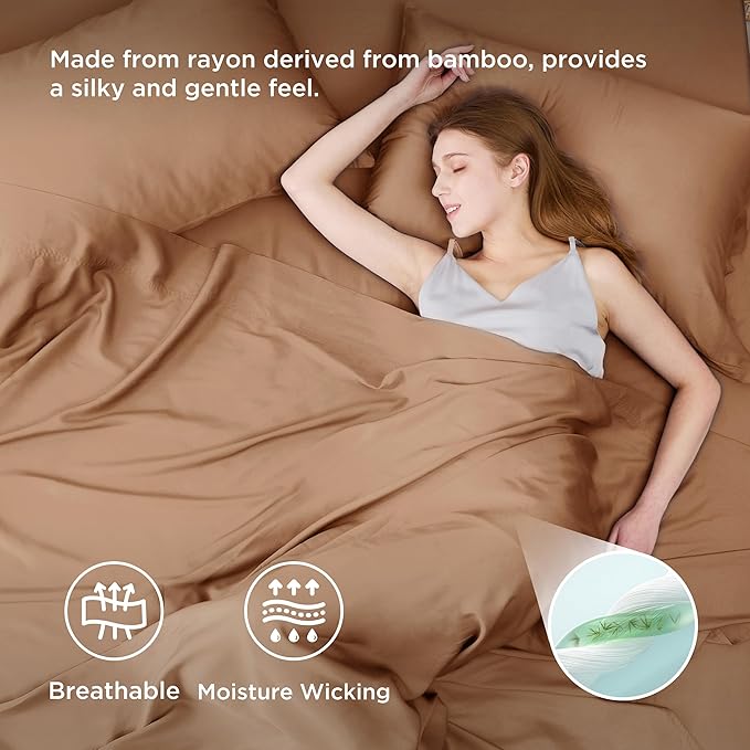Bedsure Full Size Bed Sheets, Cooling Sheets, Rayon Derived from Bamboo, PureWoven, Breathable & Soft, Deep Pocket Up to 16 Inches, Hotel Luxury Silky Bedding for Hot Sleepers, Khaki