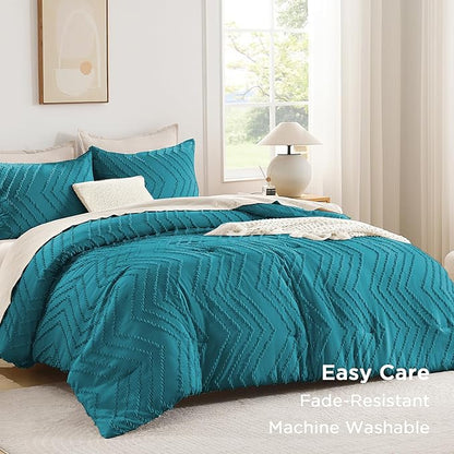 Andency Turquoise Comforter Set Queen Size, Boho Soft Warm Tufted Bedding Comforter Sets for Queen Size Bed, 3 Pieces Aesthetic Chevron Farmhouse Cute Bohemian Textured Bed Set