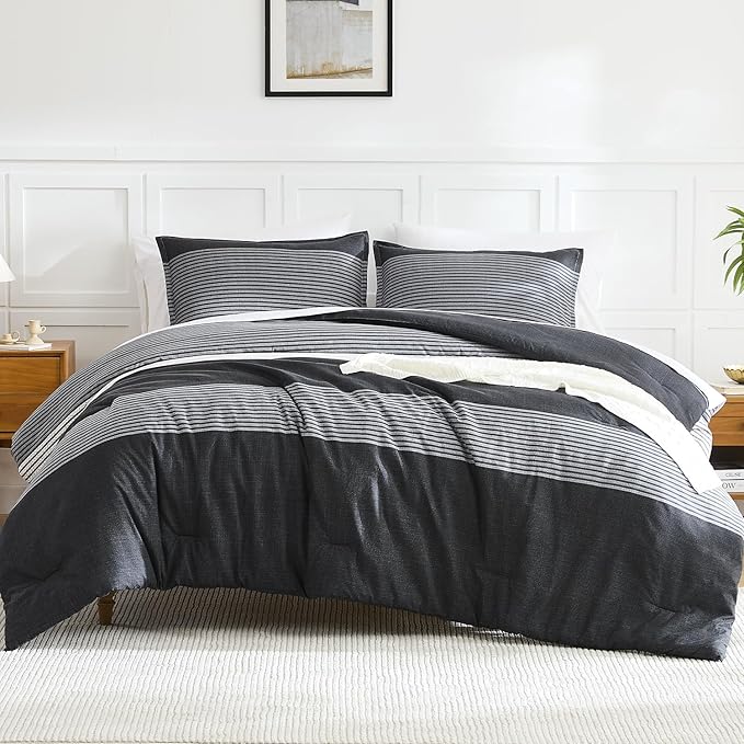 Litanika Comforter King Size Set Black White Grey - 3 Pieces Lightweight Bedding Comforter Set, Fluffy Down Alternative Comforter (1 Comforter, 2 Pillowcases)