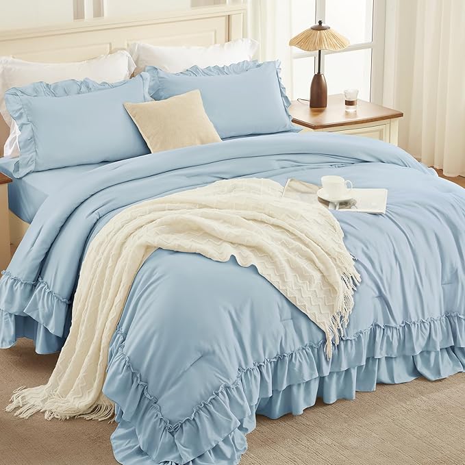 Andency Light Blue King Comforter Set (104x90Inch), 3 Pieces Ruffle Comforter Set with 2 Pillowcases, Farmhouse Shabby Chic Lightweight Fluffy Soft All Season Bed Set