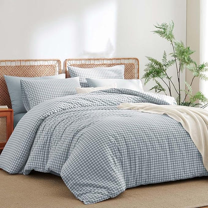 Nayoroom Gingham Duvet Cover Queen Size 100% Washed Cotton Blue Plaid Checkered Comforter Cover 3 Pcs Soft Breathable Grid Farmhouse Dorm Bedding Set for All Seasons