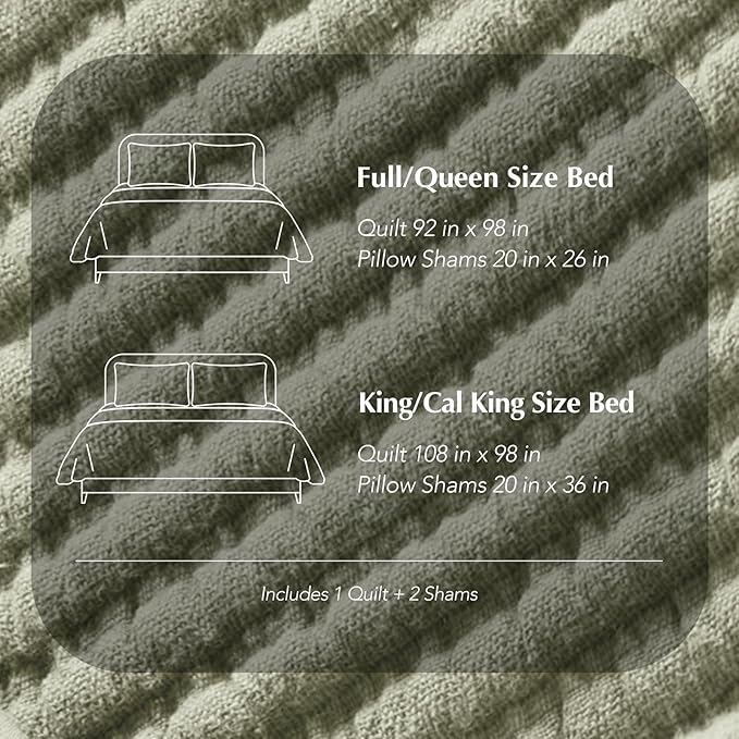 EVERGRACEHOME Cotton Coverlet Set Full Queen Size 3 Pieces, Lightweight Soft Ribbed Matelassé Bedspread Quilt Set, Oversized Quilted Bedding Set with 2 Pillow Shams for All Seasons, Light Sage Green