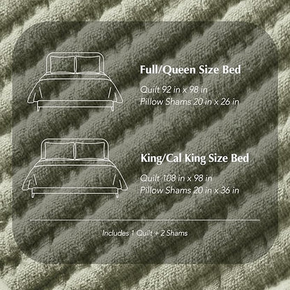 EVERGRACEHOME Cotton Coverlet Set Full Queen Size 3 Pieces, Lightweight Soft Ribbed Matelassé Bedspread Quilt Set, Oversized Quilted Bedding Set with 2 Pillow Shams for All Seasons, Light Sage Green