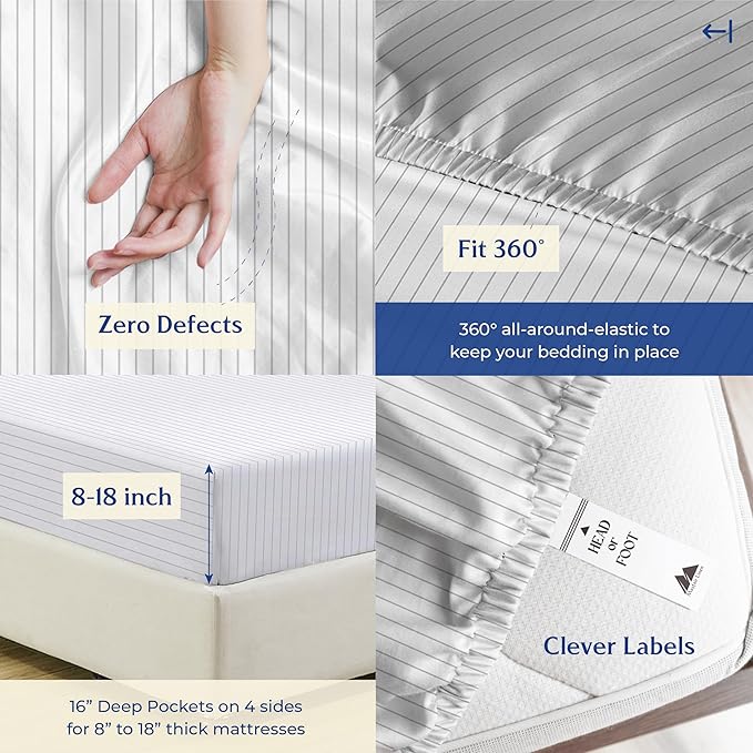 Mayfair Linen 100% Organic Cotton Printed Sheets Twin XL Size - Percale Weave Cotton Twin XL Size Sheet Set (4 PC, Light Grey Pinstripe), Soft & Crisp, GOTS Certified, Cooling Sheets, 16" Deep Pocket