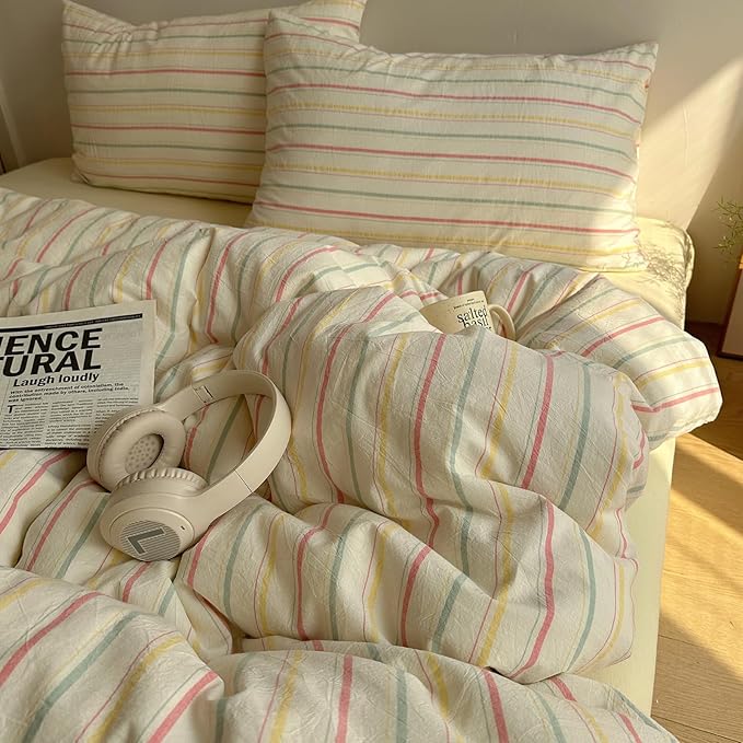 EAVD Colorful Striped Duvet Cover Queen Soft 100% Cotton Vintage Pink Green Yellow Stripes Printed Bedding Set with 2 Pillowcases Retro Reversible Geometric Comforter Cover with Zipper Corner Ties