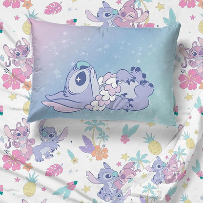 Jay Franco Kids Sheet Cartoon Set with Fitted, Flat Sheets & Pillow Cover - Ultra-Soft Bedding with Pillowcase for Room Decor, White - Lilo & Stitch 01, 3 Piece Twin