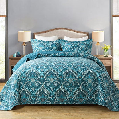 Travan 3-Piece Cotton Quilt Set Quilted Bedding Set for All Season, Cyan Blue Flower, Queen Size