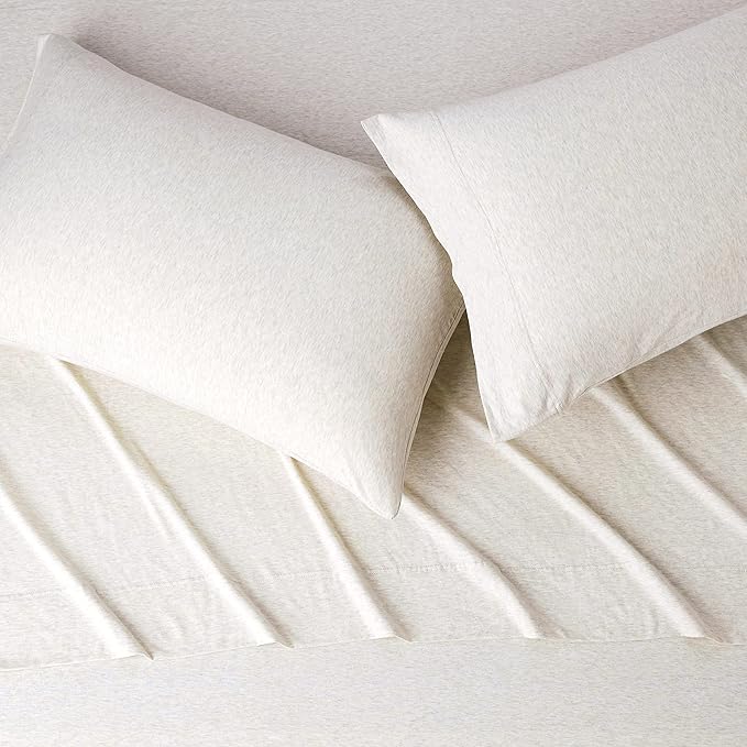 Amazon Basics 4 Piece Breathable 100% Cotton Jersey Knit Sheet Set, Stretchy Lightweight, Includes Flat and Fitted Sheets, Pillowcase, Full, Oatmeal