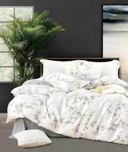 SLEEPBELLA Reversible Duvet Cover King, Elegant Purple Blossom on White, Soft and Breathable