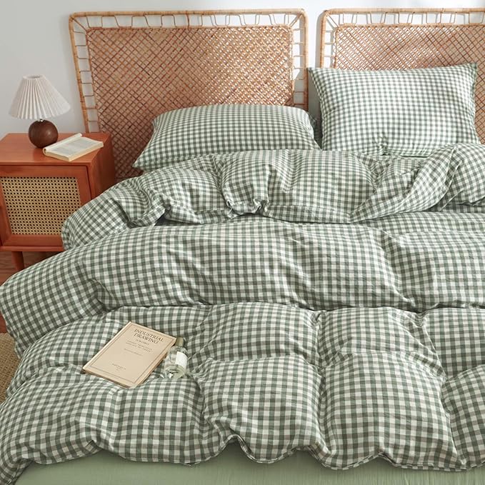 Nayoroom Gingham Duvet Cover Full Size 100% Washed Cotton Green Plaid Checkered Comforter Cover 3 Pcs Soft Breathable Grid Farmhouse Dorm Bedding Set for All Seasons