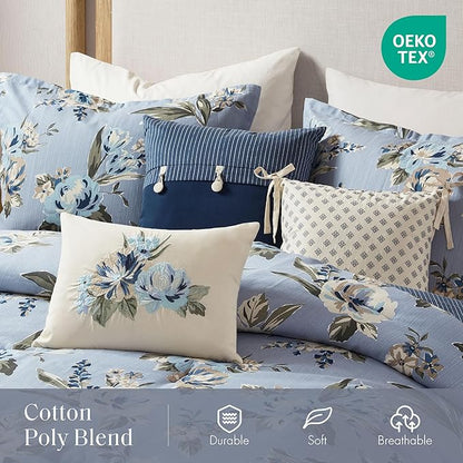 Madison Park Queen Comforter Set Vintage Floral Reversible Comforters Queen Size Bed, All Season, Down Alternative Bedding Queen Size Comforter, Bedskirt, Pillows, Shams, Salara, Queen Blue 7 Piece