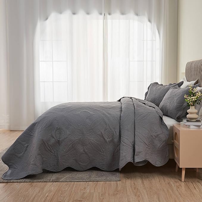 Kingnex Oversized King Bedspreads 128x120 Extra Wide for Tall King or Cal King Bed Ultrasonic Quilted Coverlet Set 3 Piece Include 1 Quilt 2 Pillowcases Dark Grey