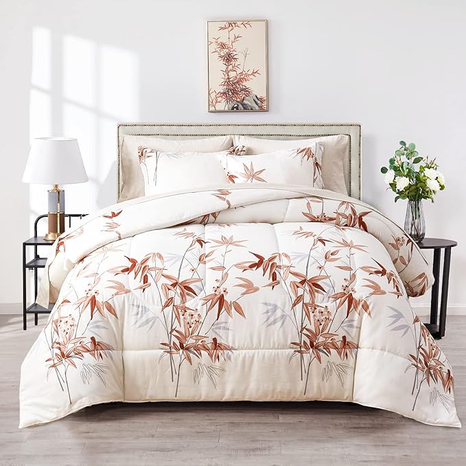 7 Piece Bed in a Bag Queen Comforter Set with Sheets, Burnt Orange Leaves on White Botanical Bedding Sets for All Season (1 Comforter, 2 Pillow Shams, 1 Flat Sheet, 1 Fitted Sheet, 2 Pillowcases)