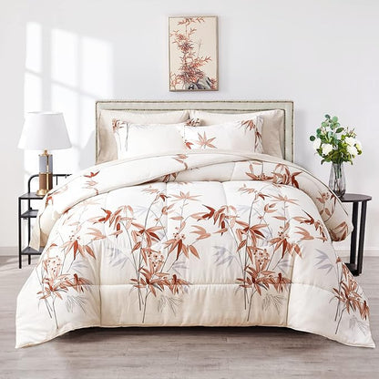 7 Piece Bed in a Bag Queen Comforter Set with Sheets, Burnt Orange Leaves on White Botanical Bedding Sets for All Season (1 Comforter, 2 Pillow Shams, 1 Flat Sheet, 1 Fitted Sheet, 2 Pillowcases)