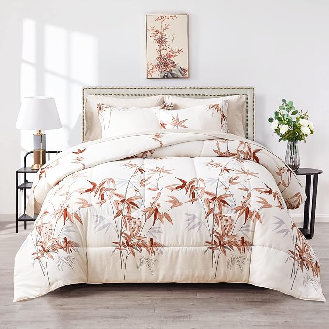 6 Pieces Bed in a Bag Twin Comforter Set with Sheets, Burnt Orange Leaves on White Botanical Bedding Sets for Kids (1 Comforter, 2 Pillow Shams, 1 Flat Sheet, 1 Fitted Sheet, 1 Pillowcases)
