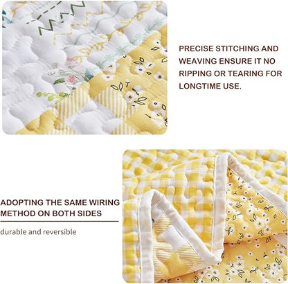 Joyreap 2 Pieces Floral Patchwork Quilt Set Twin, Yellow n White Flowers Design, Soft n Cozy Microfiber Quilt, Bedspread Bed Cover for All Season, 1 Quilt and 1 Pillow Sham- 68x86 inches