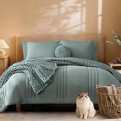 Monbix Super King Size Comforter Set - 7 Pieces Sage Green Bed in a Bag Super King Bedding Sets with Comforters, All Seasons Comforter Bed Set with Sheets,Pillowcases & Shams