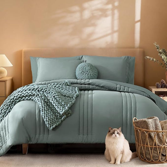 Monbix Super King Size Comforter Set - 7 Pieces Sage Green Bed in a Bag Super King Bedding Sets with Comforters, All Seasons Comforter Bed Set with Sheets,Pillowcases & Shams