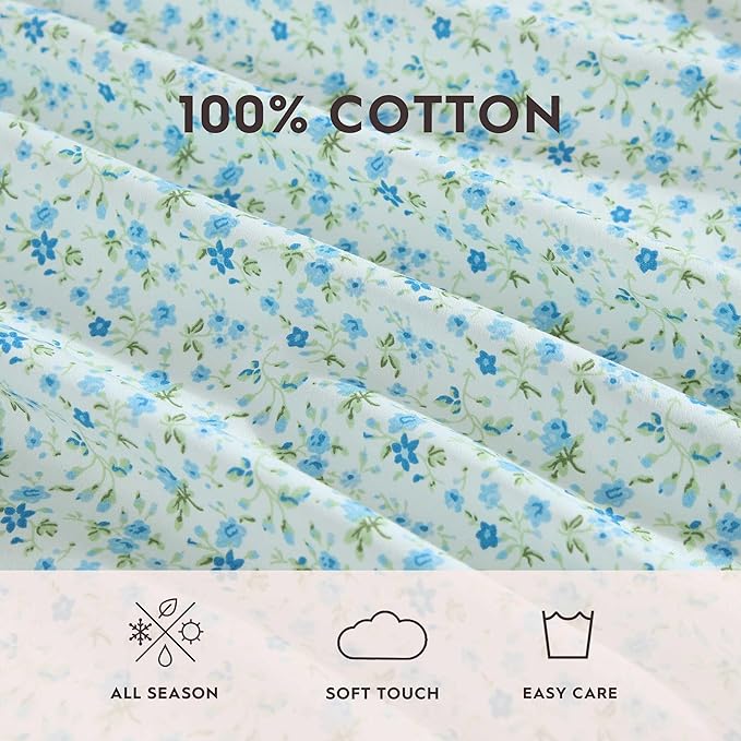 Laura Ashley - King Sheet Set, Crisp & Cool Cotton Percale Bedding with Deep Pockets, Lightweight for Year Round Comfort, Bed Sheets with Matching Pillowcases (Evie Blue)